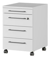 Weißer Rollcontainer mit drei Schubladen und Rollen, seitliche Perspektive
