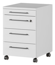 Weißer Rollcontainer mit drei Schubladen und Rollen, seitliche Perspektive