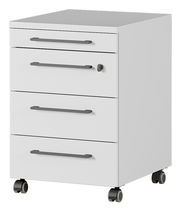 Weißer Rollcontainer mit drei Schubladen und Rollen, seitliche Perspektive