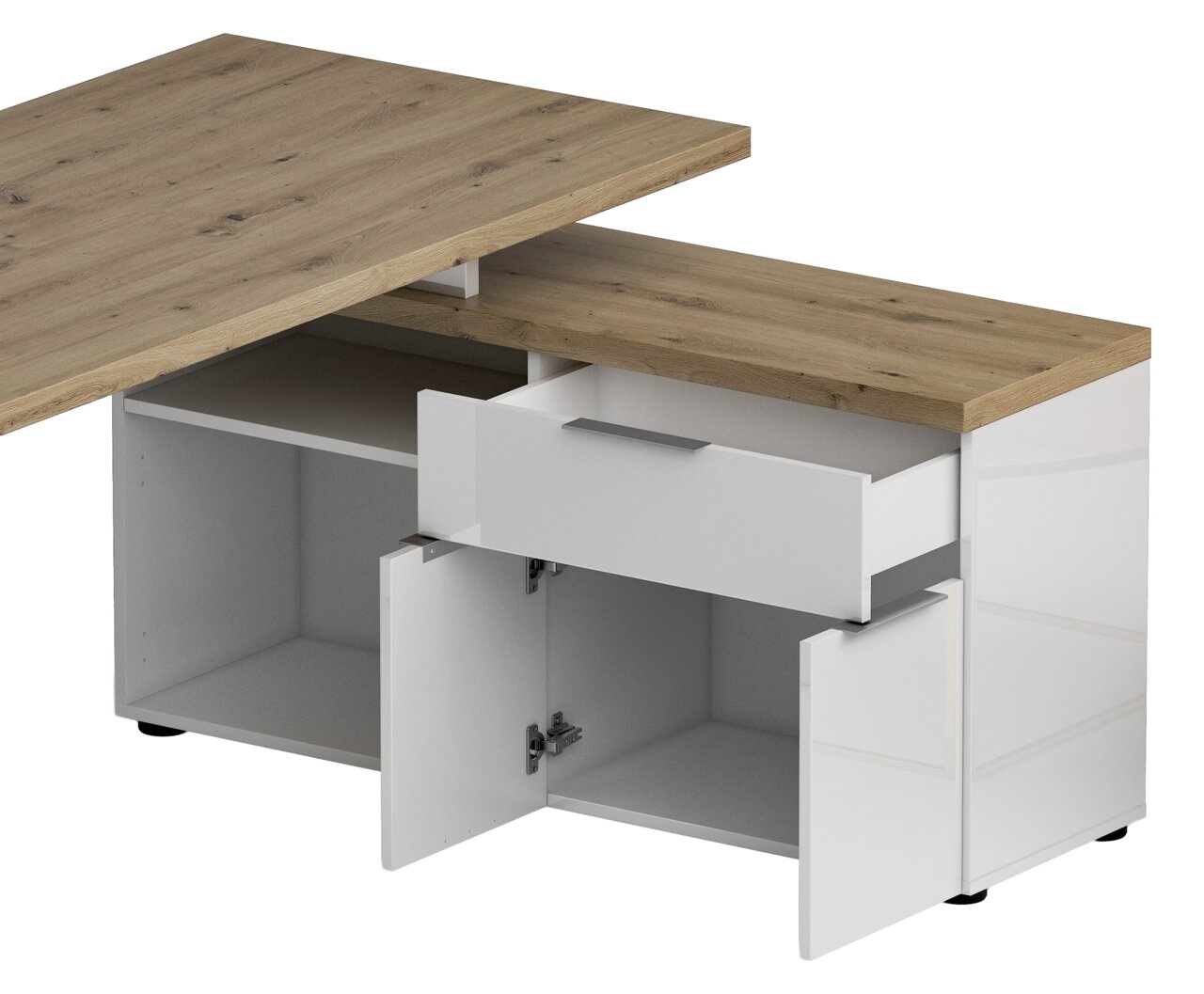 Hoekbureau met houten blad en witte lades en deuren, vooraanzicht