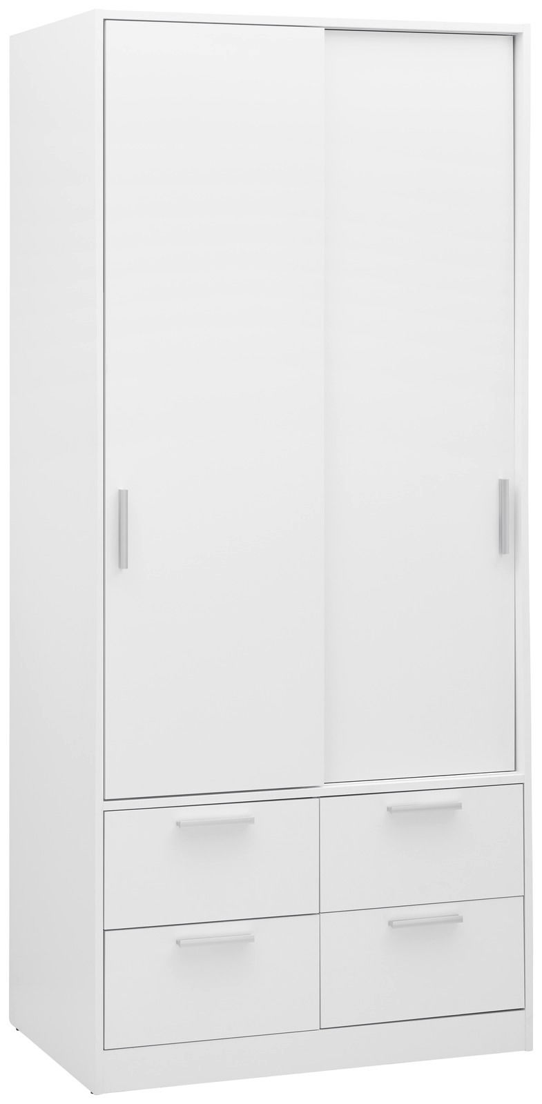 Weißer zweitüriger Schiebetürenschrank mit vier Schubladen, Frontalansicht