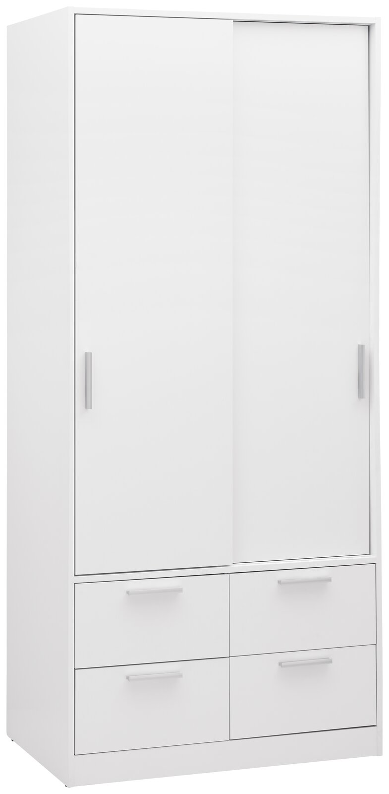Weißer zweitüriger Schiebetürenschrank mit vier Schubladen, Frontalansicht