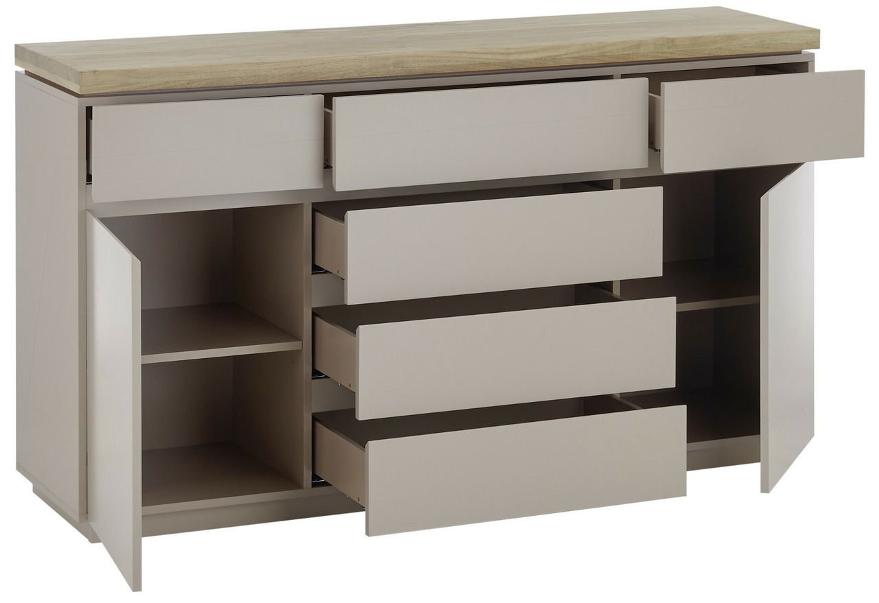 Sideboard mit geöffneter Frontansicht, zeigt mehrere Schubladen und Fächer, mit einer Holzoberfläche.