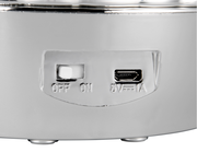 Nahaufnahme der Unterseite einer Tischleuchte mit einem Schalter und einem USB-Anschluss.