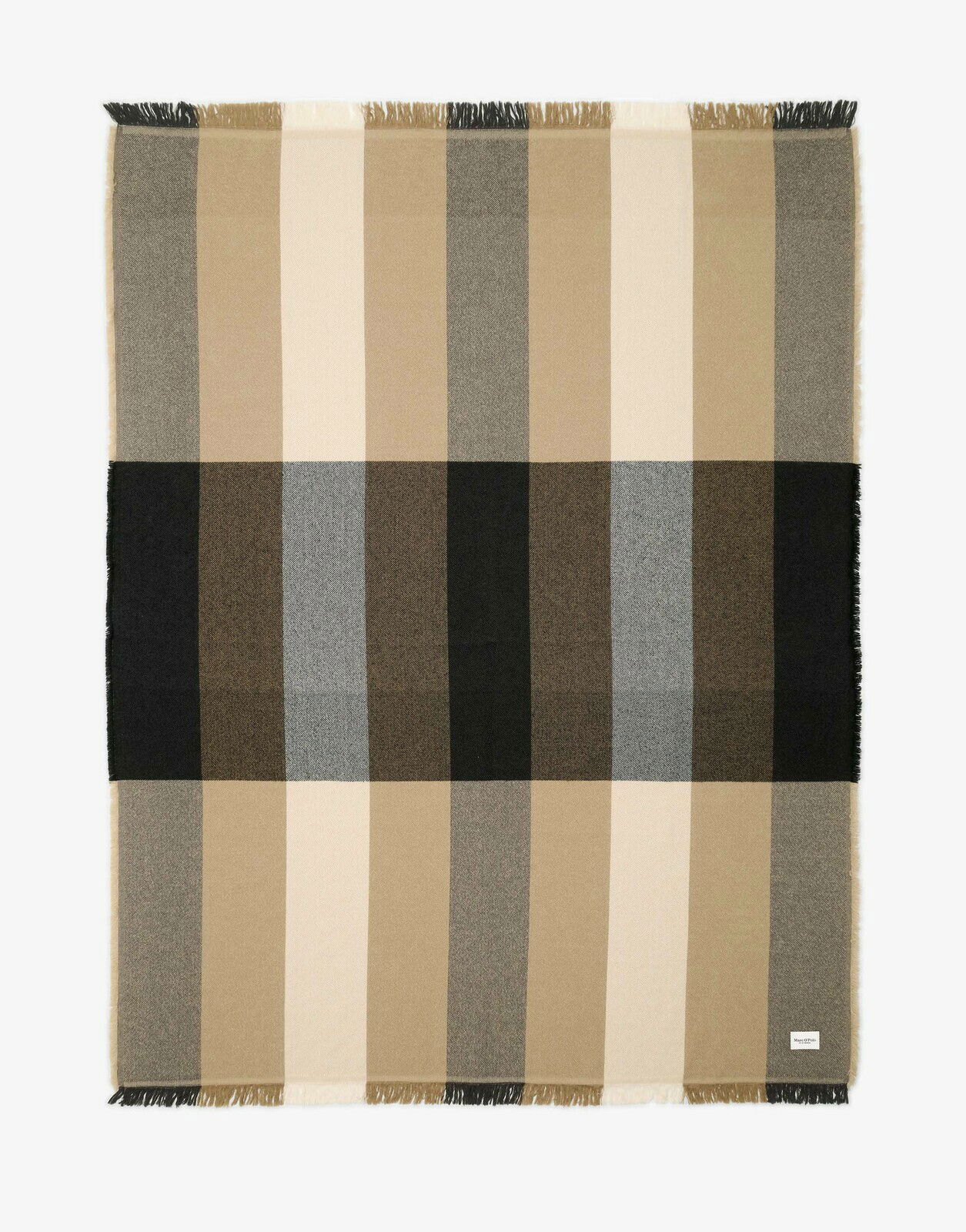 Plaid in Beige- und Brauntönen mit Karomuster, Fransen an den Enden, Draufsicht