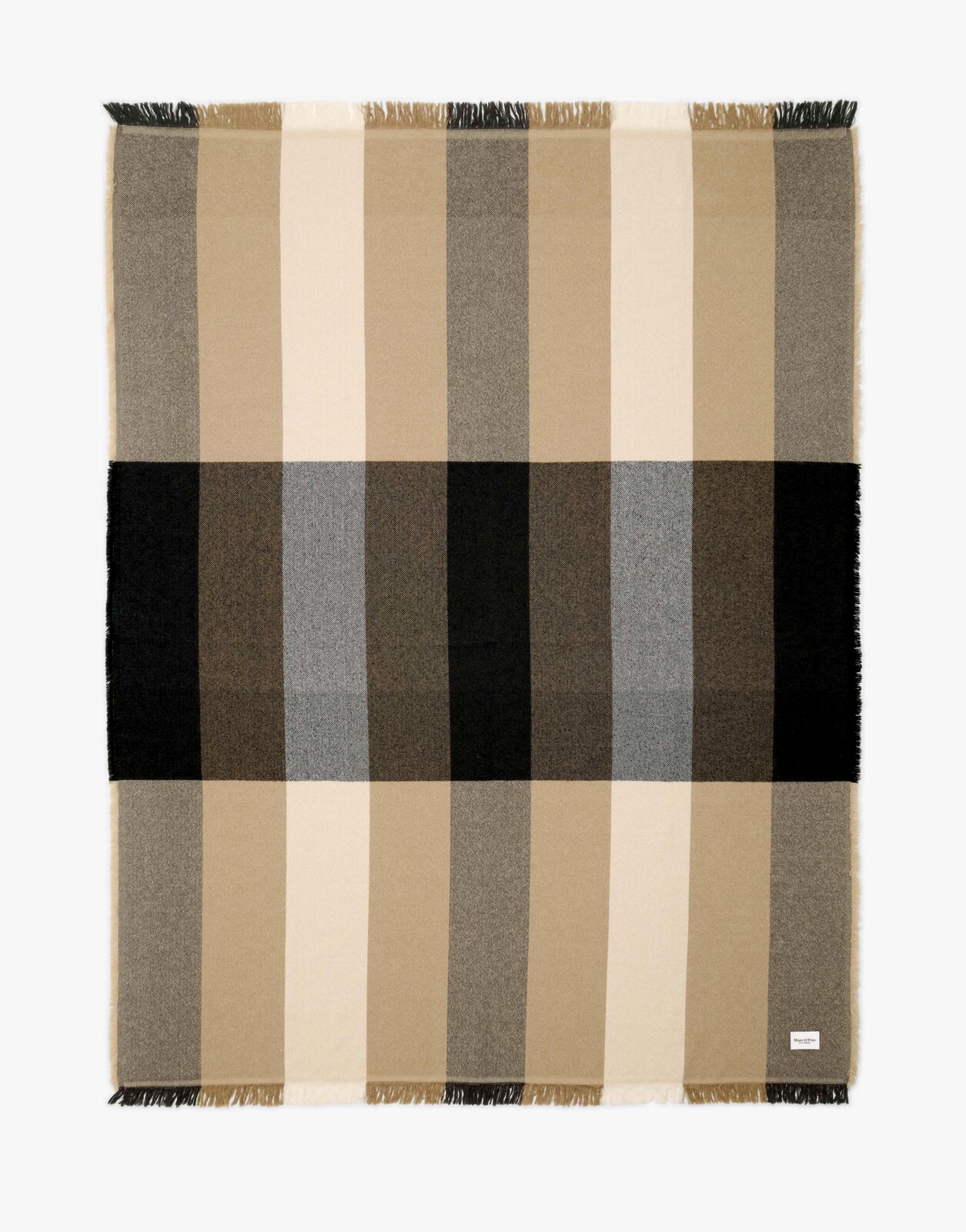 Plaid in Beige- und Brauntönen mit Karomuster, Fransen an den Enden, Draufsicht