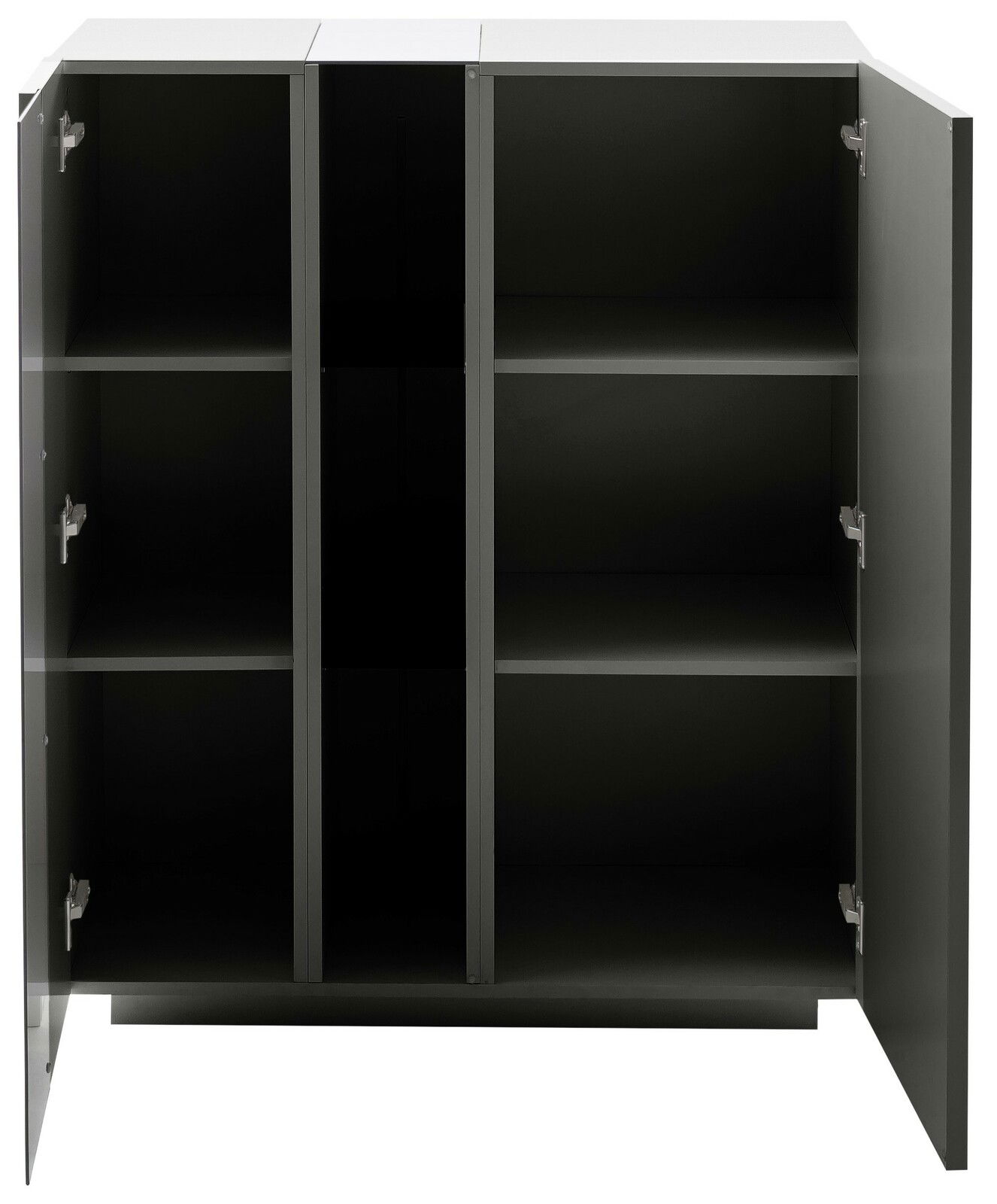 Offenes Highboard mit drei Fächern und zwei Türen, frontale Ansicht