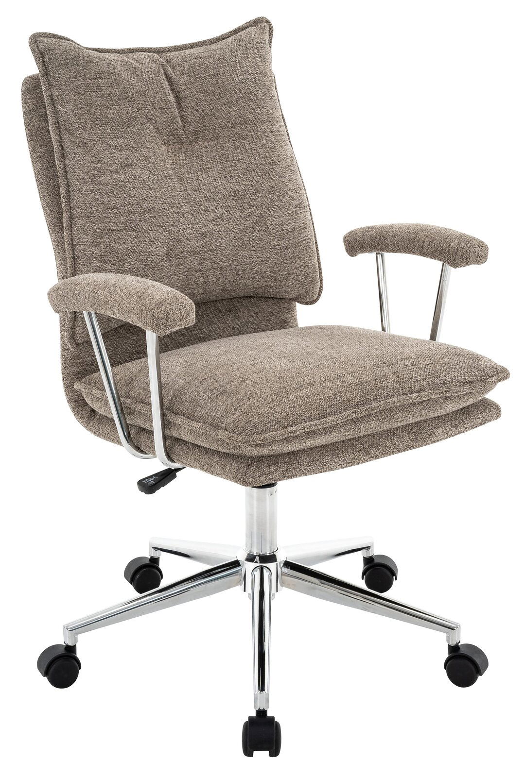 Carryhome Drehstuhl MARION Beiger Home Office Drehstuhl mit gepolsterten Armlehnen und verchromtem Fußkreuz, seitliche Perspektive