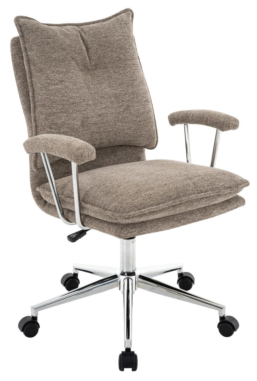 Beiger Home Office Drehstuhl mit gepolsterten Armlehnen und verchromtem Fußkreuz, seitliche Perspektive