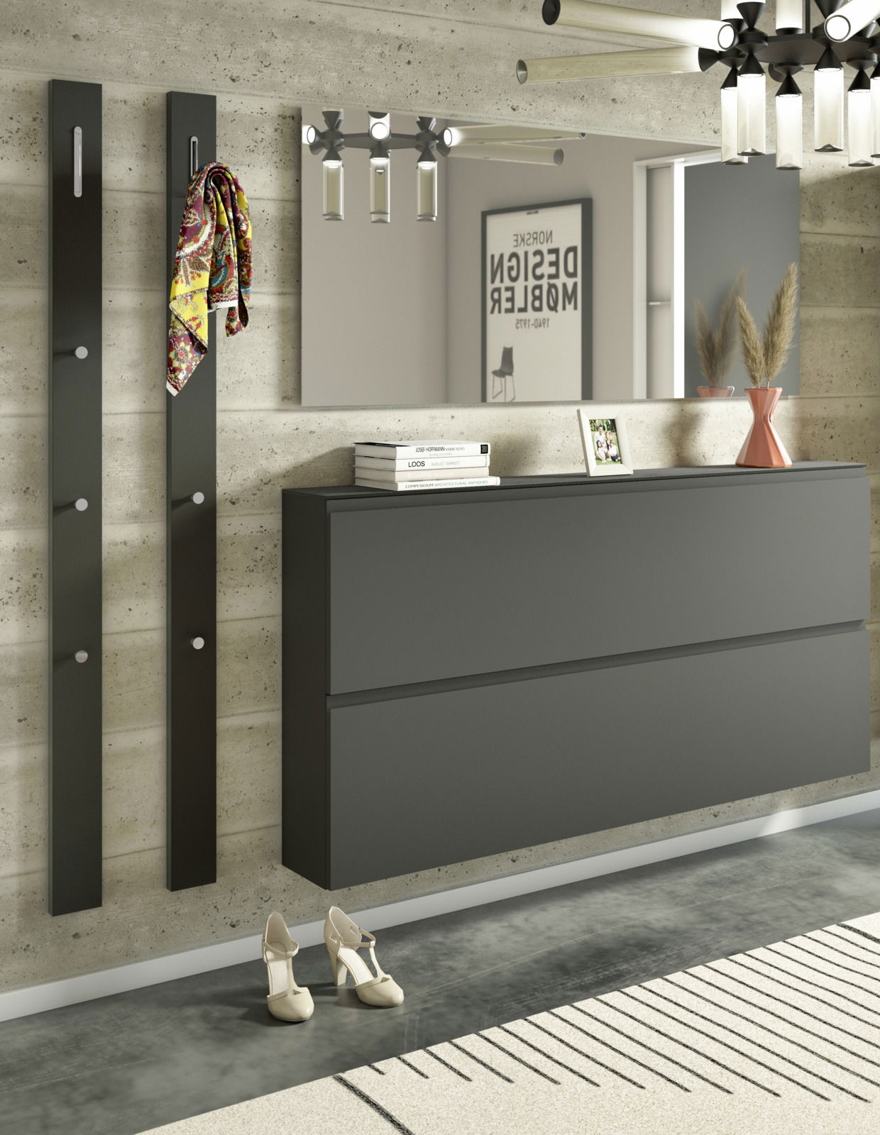 Moderano Garderoben-Set LECCO Modernes Garderobenset mit zwei schwarzen Wandpaneelen mit Haken, einem großen Spiegel und einer schwarzen Kommode, seitliche Perspektive.