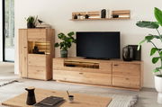 Moderne Wohnzimmer-Wandkombination aus Holz mit TV-Schrank, Regal und Dekorationen, frontal betrachtet.