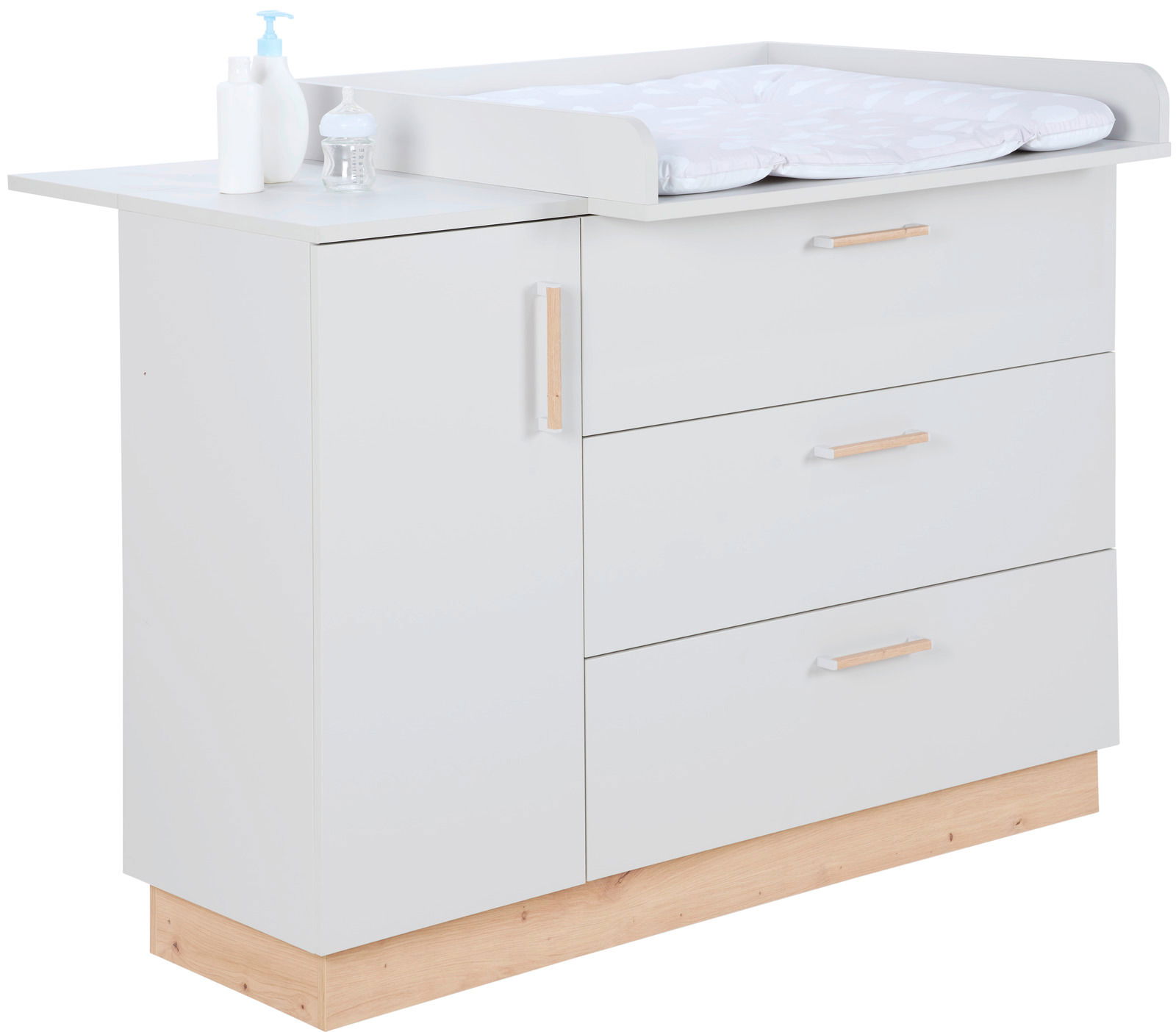 Weiße Wickelkommode mit drei Schubladen und einem Schrank, seitliche Perspektive