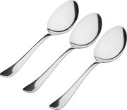 Drei glänzende Kaffeelöffel aus Edelstahl, schräg von oben fotografiert.