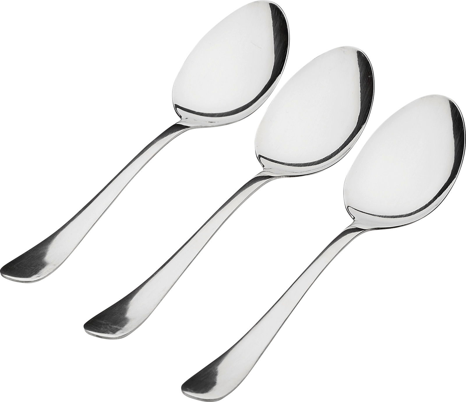 Drei glänzende Kaffeelöffel aus Edelstahl, schräg von oben fotografiert.