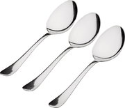 Drei glänzende Kaffeelöffel aus Edelstahl, schräg von oben fotografiert.