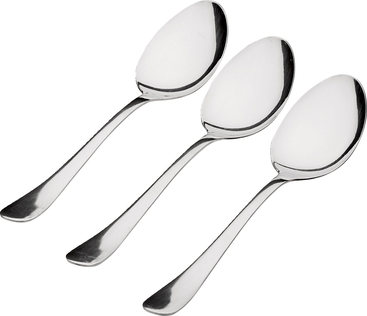 Drei glänzende Kaffeelöffel aus Edelstahl, schräg von oben fotografiert.