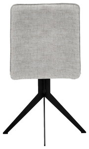 Rückansicht eines modernen Stuhls mit grauem Stoffbezug und schwarzem Metallgestell