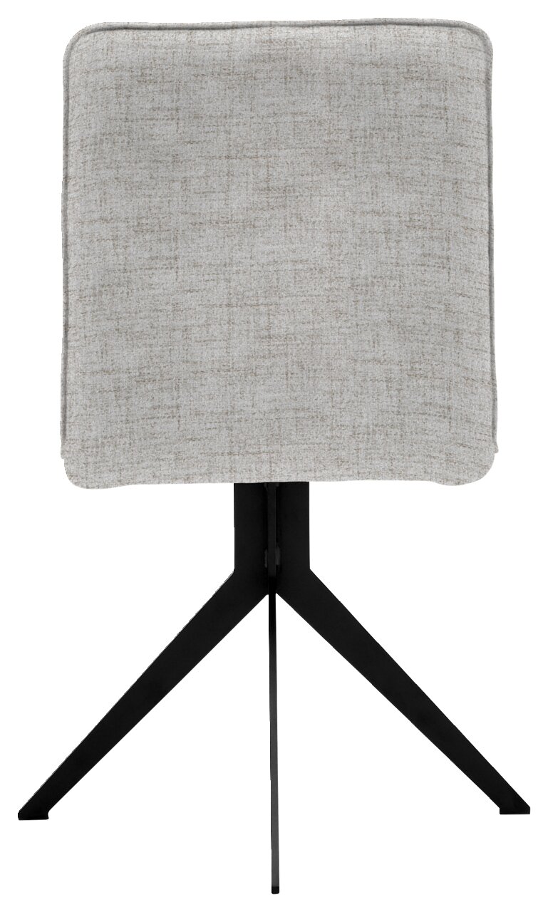 Rückansicht eines modernen Stuhls mit grauem Stoffbezug und schwarzem Metallgestell