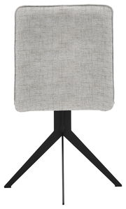 Rückansicht eines modernen Stuhls mit grauem Stoffbezug und schwarzem Metallgestell