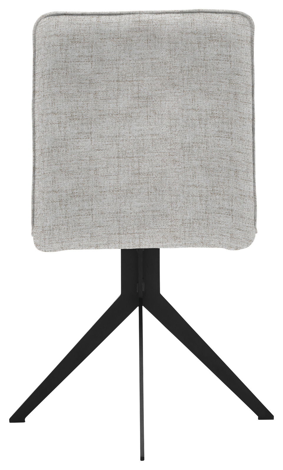 Rückansicht eines modernen Stuhls mit grauem Stoffbezug und schwarzem Metallgestell