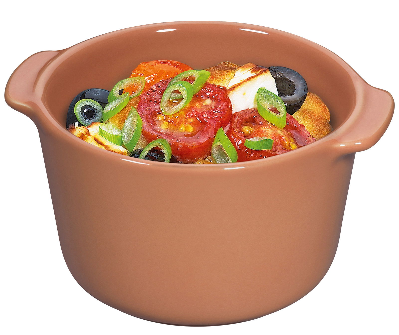 Ragoutschälchen aus Keramik, gefüllt mit buntem Gemüse, aus leicht erhöhter Perspektive fotografiert.