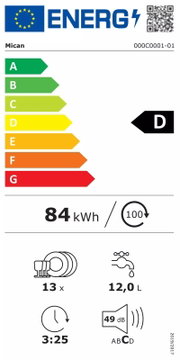 Energieeffizienzklasse D Geschirrspüler, 84 kWh Energieverbrauch, 13 Maßgedecke, 12,0 Liter Wasserverbrauch, 49 dB Geräuschpegel, Frontalansicht.