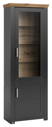 Schwarze Vitrine mit Glastür und Holzelementen, seitliche Perspektive