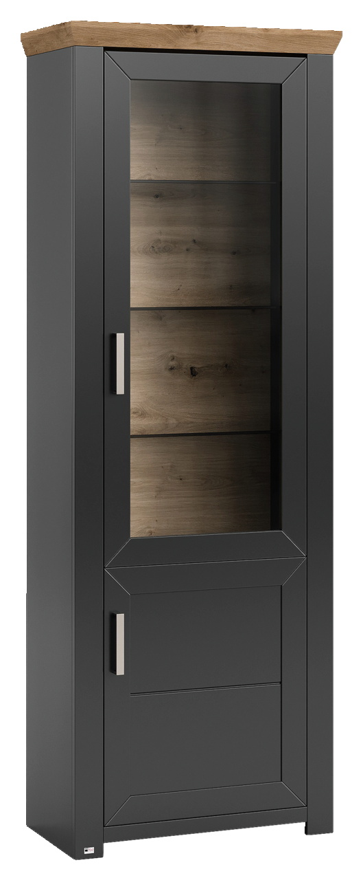 Schwarze Vitrine mit Glastür und Holzelementen, seitliche Perspektive