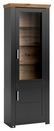 Schwarze Vitrine mit Glastür und Holzelementen, seitliche Perspektive