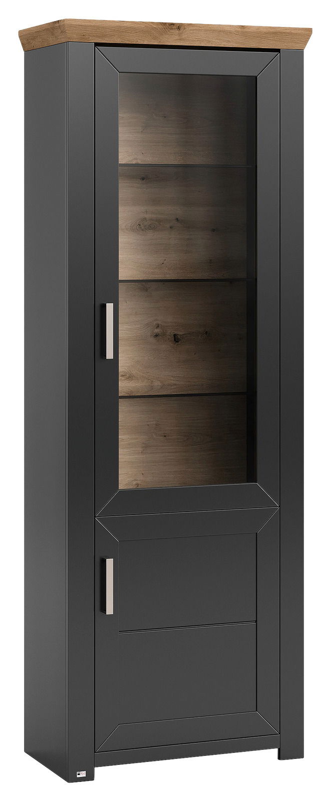 Schwarze Vitrine mit Glastür und Holzelementen, seitliche Perspektive