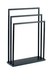 Moderner schwarzer Handtuchständer mit drei parallelen Stangen, seitliche Perspektive