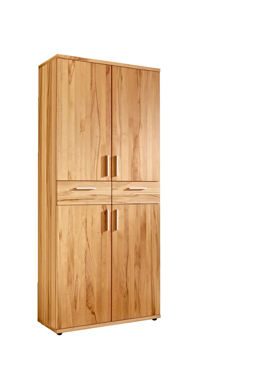 Hochkommode aus Holz in einem modernen Wohnzimmer, seitliche Perspektive