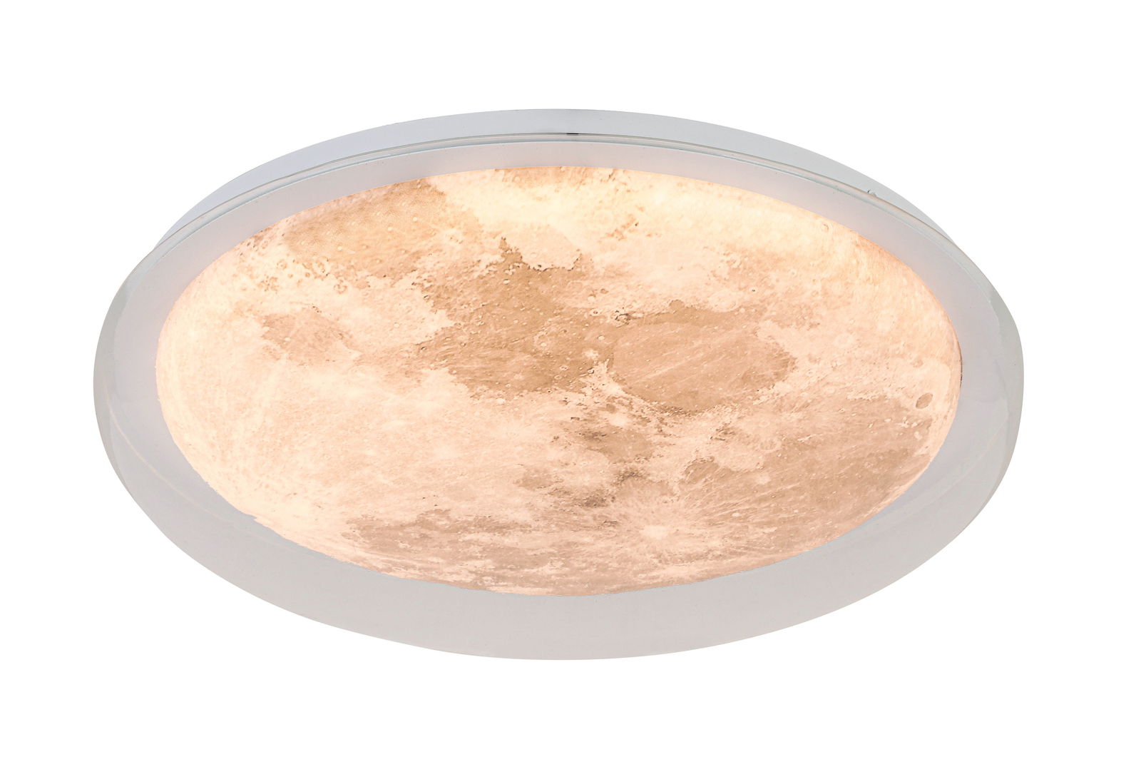 Runde LED-Deckenleuchte mit Mondmotiv, seitliche Perspektive