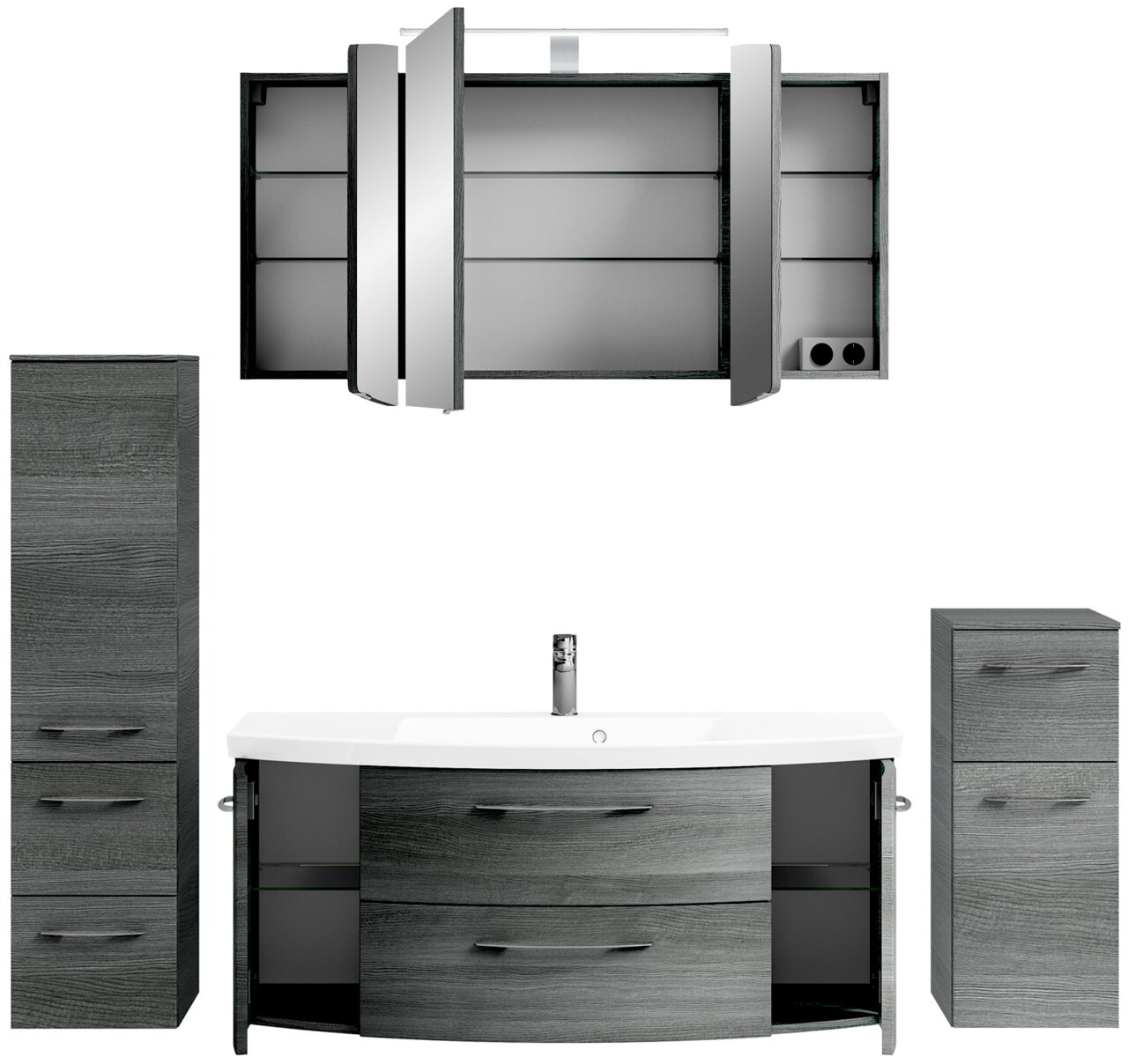 Pelipal Badkombination CASSCA SPRINT Frontale Ansicht einer modernen Badkombination in dunklem Holzdesign mit Spiegelschrank, Waschbeckenunterschrank und zwei Seitenschränken.