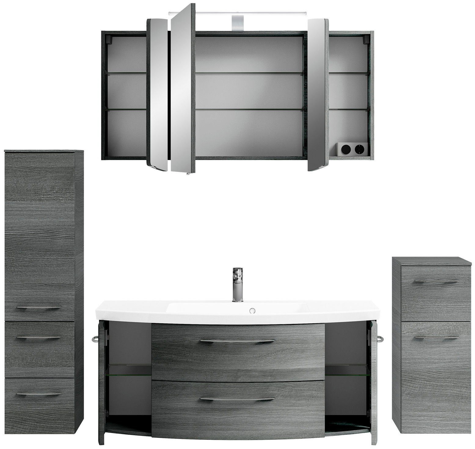 Frontale Ansicht einer modernen Badkombination in dunklem Holzdesign mit Spiegelschrank, Waschbeckenunterschrank und zwei Seitenschränken.