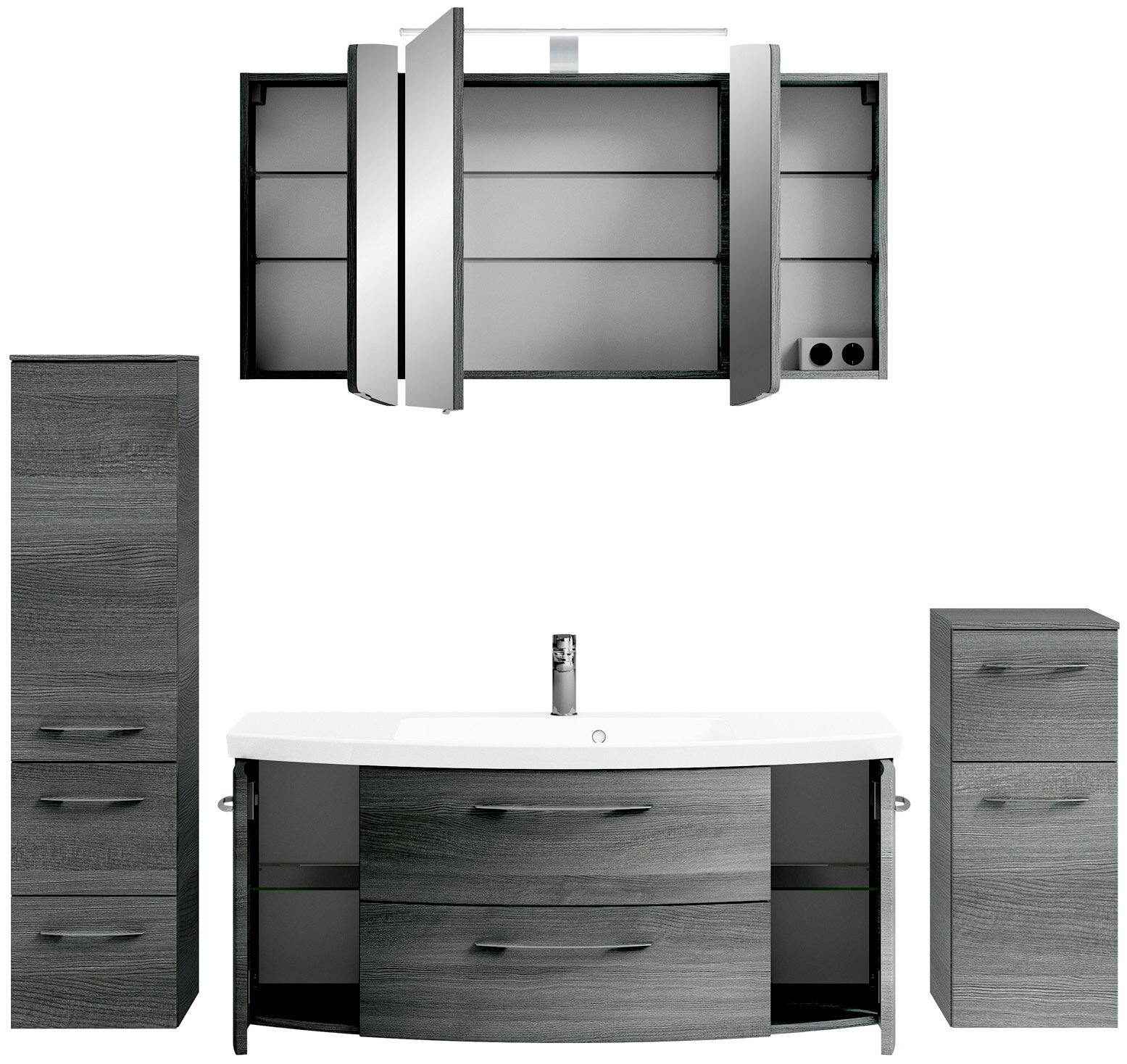 Pelipal Badkamercombinatie CASSCA SPRINT Vooraanzicht van een moderne badkamercombinatie in donker houtdesign met spiegelkast, wastafelonderkast en twee zijkasten.