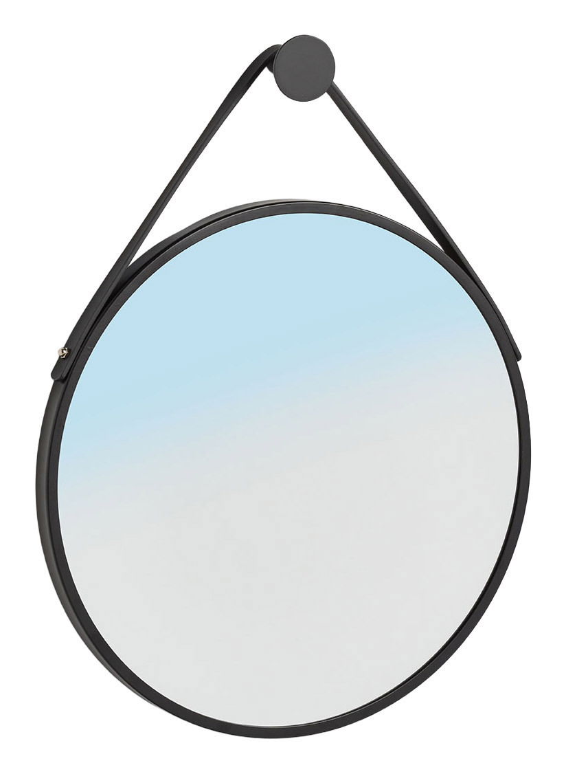 Runder Wandspiegel mit schwarzem Rahmen und Aufhängung, Perspektive von vorne