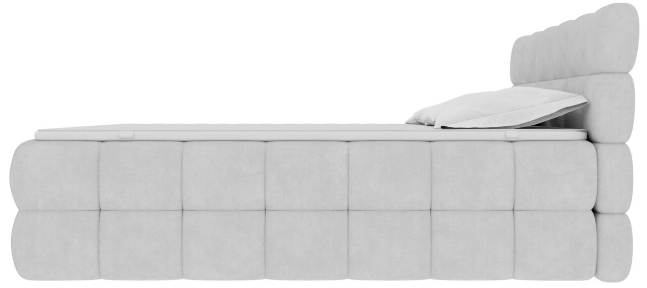 Hellgraues, gepolstertes Polsterbett mit gestepptem Korpus und hohem Kopfteil, Matratze und Kissen teilweise hochgeklappt; Seitenansicht von rechts auf weißem Hintergrund.