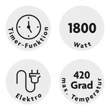 Symbole für einen Pizza Maker mit 1800 Watt, Timer-Funktion, Elektroanschluss und maximaler Temperatur von 420 Grad, aus der Vorderansicht.