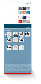 Rückseite der Verpackung des tesa Lavaa Duschkorbs M mit Anweisungen zur einfachen Montage und Demontage. Geeignet für glatte Oberflächen wie Fliesen und Metall, nicht geeignet für Tapeten und Putz.