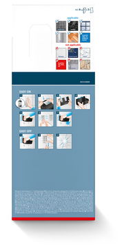 Rückseite der Verpackung des tesa Lavaa Duschkorbs M mit Anweisungen zur einfachen Montage und Demontage. Geeignet für glatte Oberflächen wie Fliesen und Metall, nicht geeignet für Tapeten und Putz.