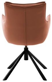 Rückansicht eines modernen Sessels mit braunem Lederbezug und schwarzem Metallgestell.