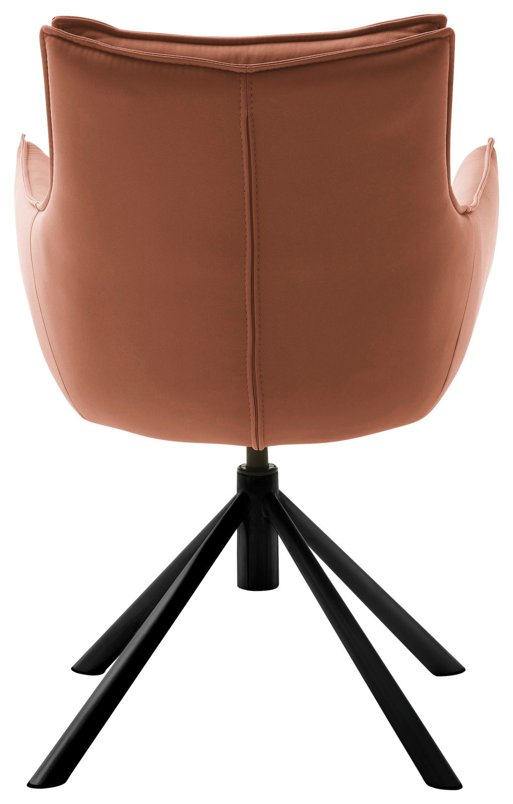Rückansicht eines modernen Sessels mit braunem Lederbezug und schwarzem Metallgestell.