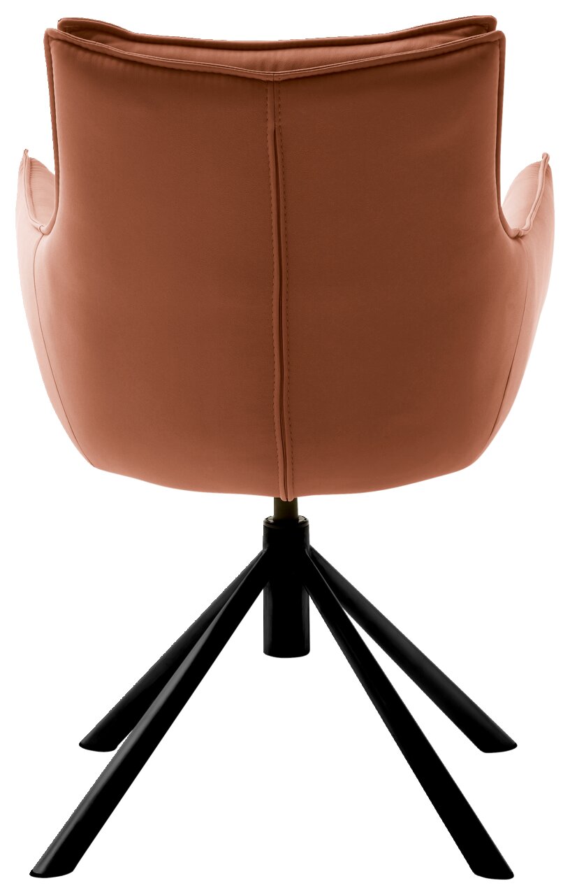 Rückansicht eines modernen Sessels mit braunem Lederbezug und schwarzem Metallgestell.