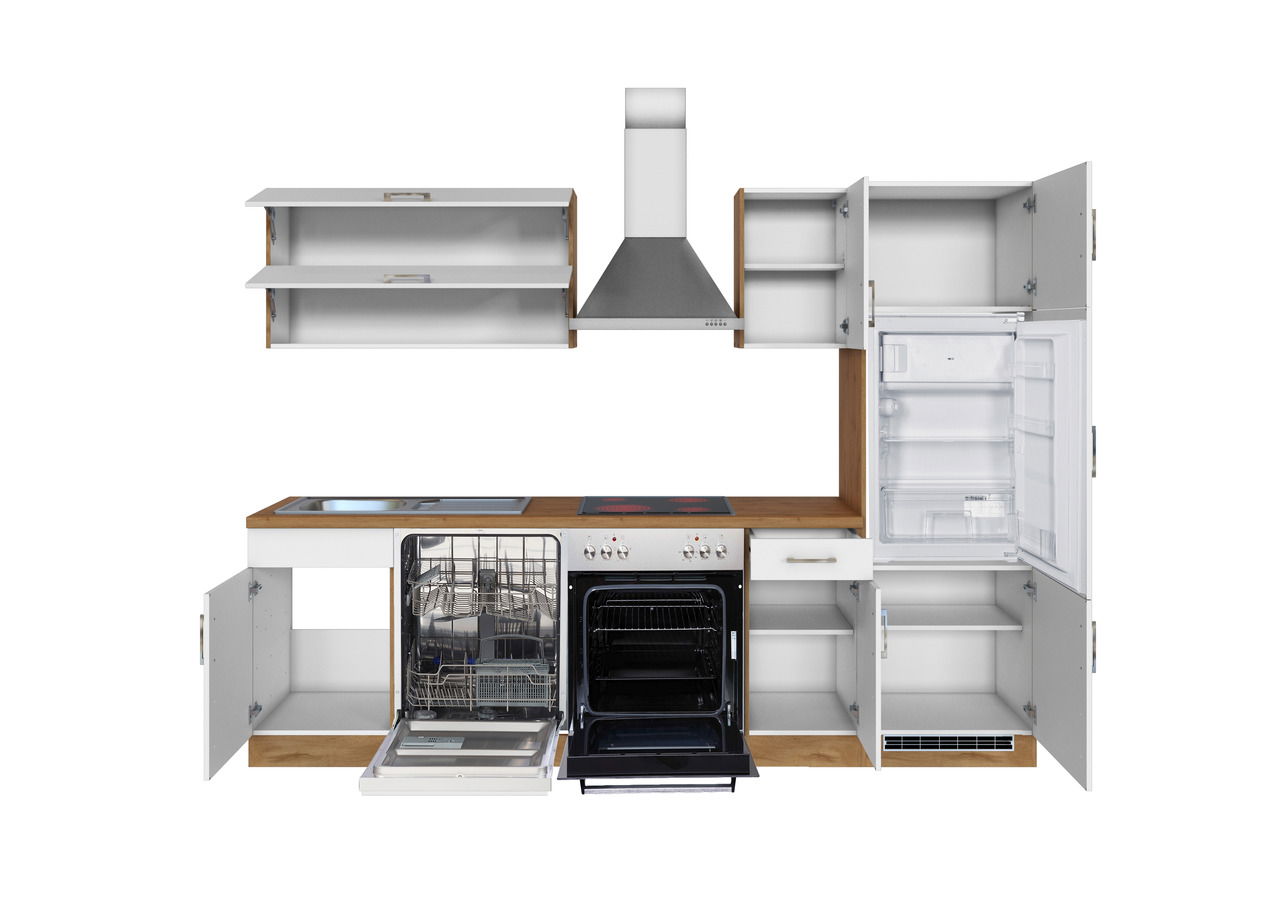 Moderne Küchenzeile mit offenen Schränken, eingebautem Herd, Geschirrspüler und Kühlschrank, Frontalansicht.
