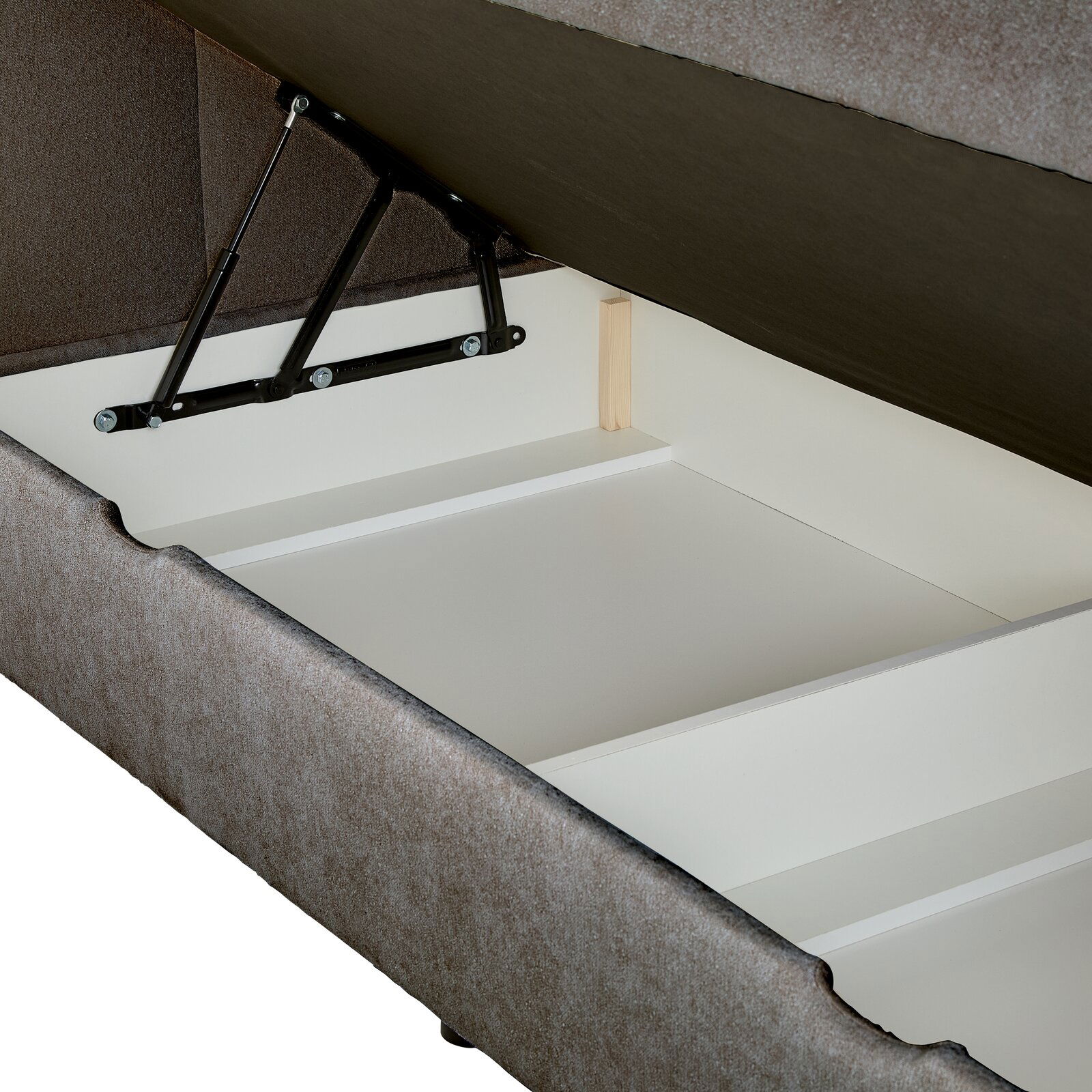 Boxbett mit geöffnetem Stauraum, seitliche Perspektive