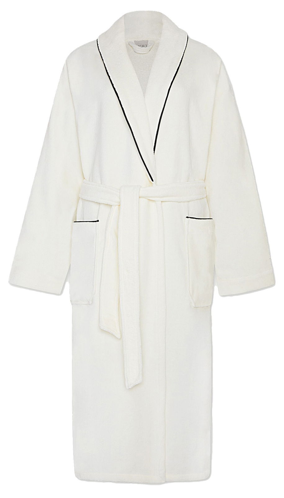 Weißer Bademantel mit Schalkragen und schwarzer Paspelierung, Vorderansicht