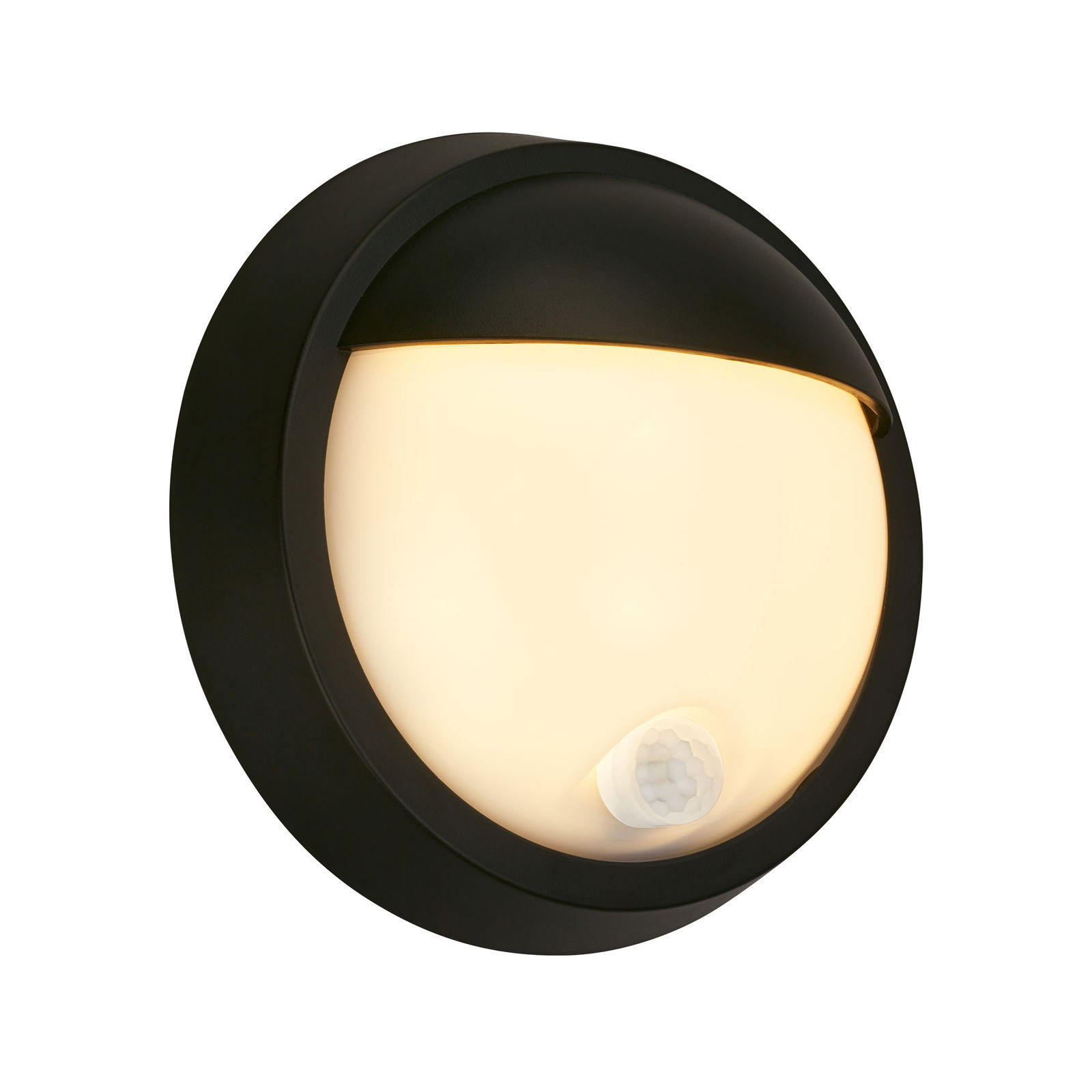 Runde, schwarze Akku-Außenwandleuchte mit warmweißem Licht und integriertem Sensor, seitliche Perspektive