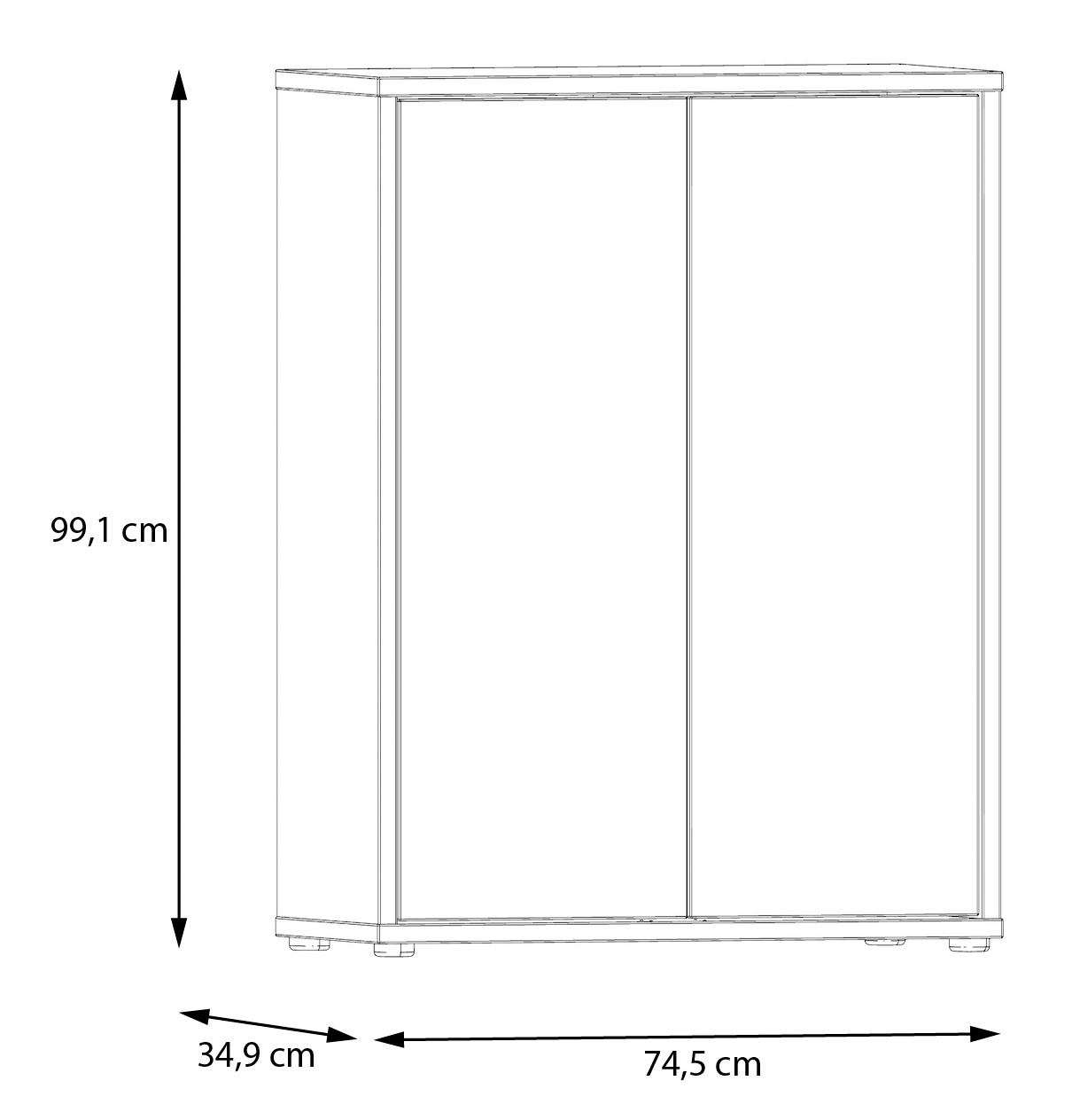 Schuhschrank niedrig mit zwei Türen, Frontansicht, Maße: 99,1 cm hoch, 74,5 cm breit, 34,9 cm tief