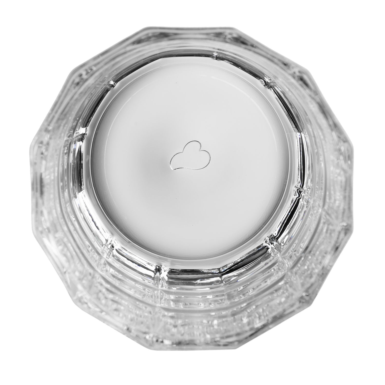 Ansicht von oben auf ein Longdrinkglas SPIRITII 400ml mit facettiertem Rand und einem Wolkensymbol auf dem Boden.